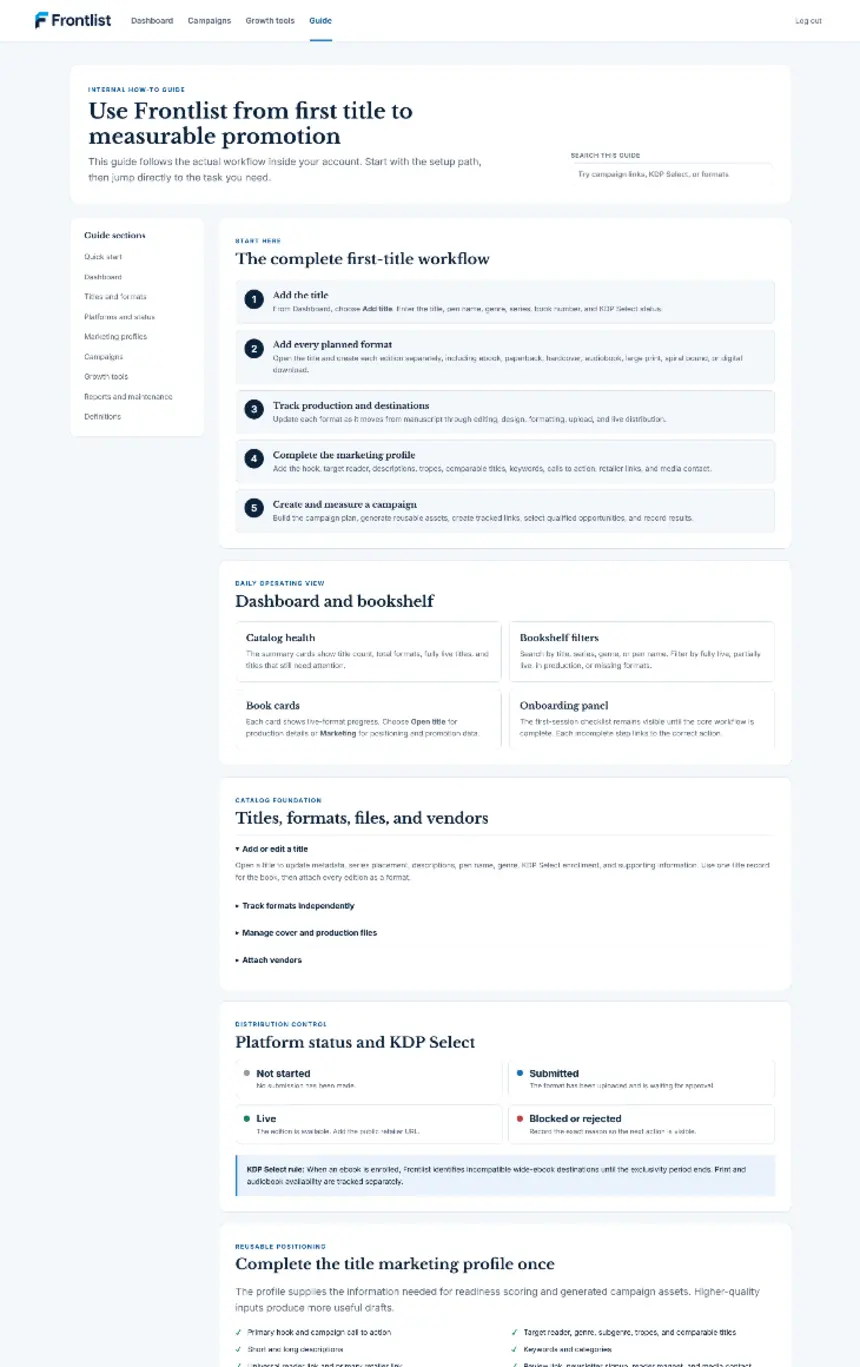 The searchable internal How to Use Frontlist guide