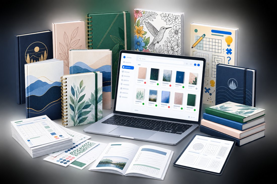 Laptop showing the Frontlist dashboard next to a shelf of journals, planners, and coloring books ready for publishing