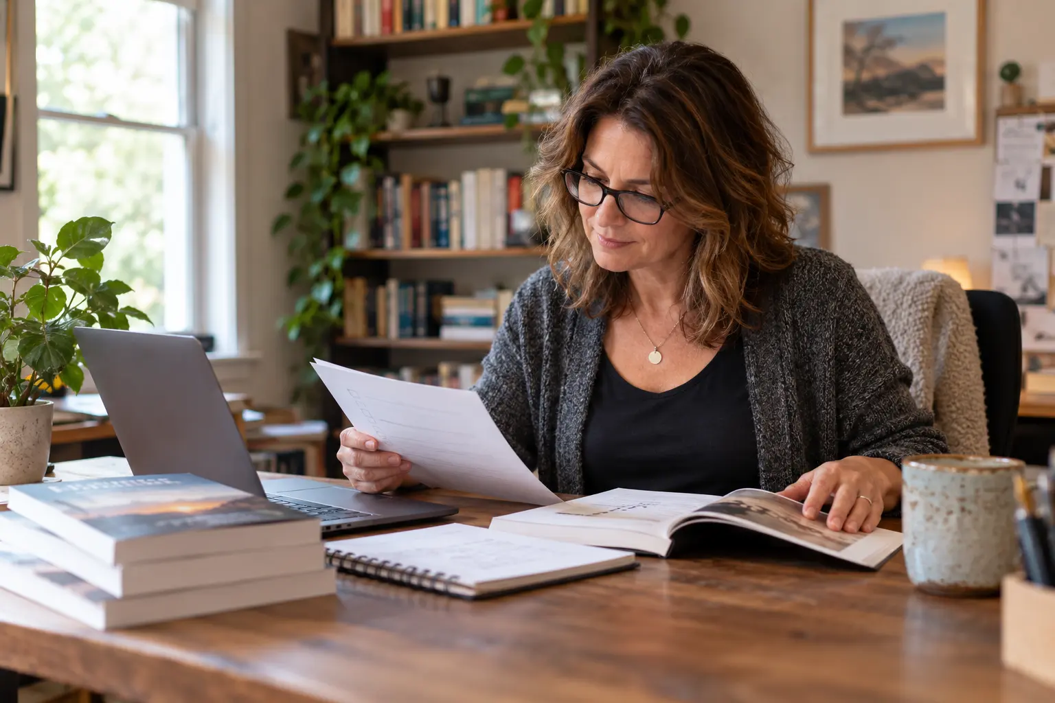 Independent author reviewing a publishing checklist, book proof, and project files at her desk