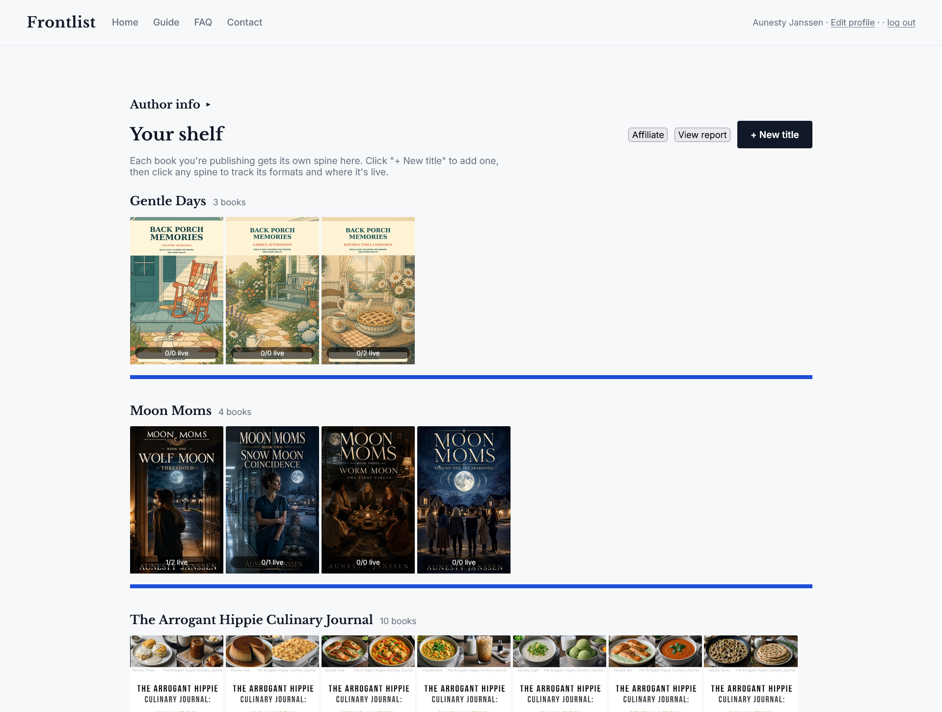 Frontlist shelf view showing books organized by series with real cover images and live counts