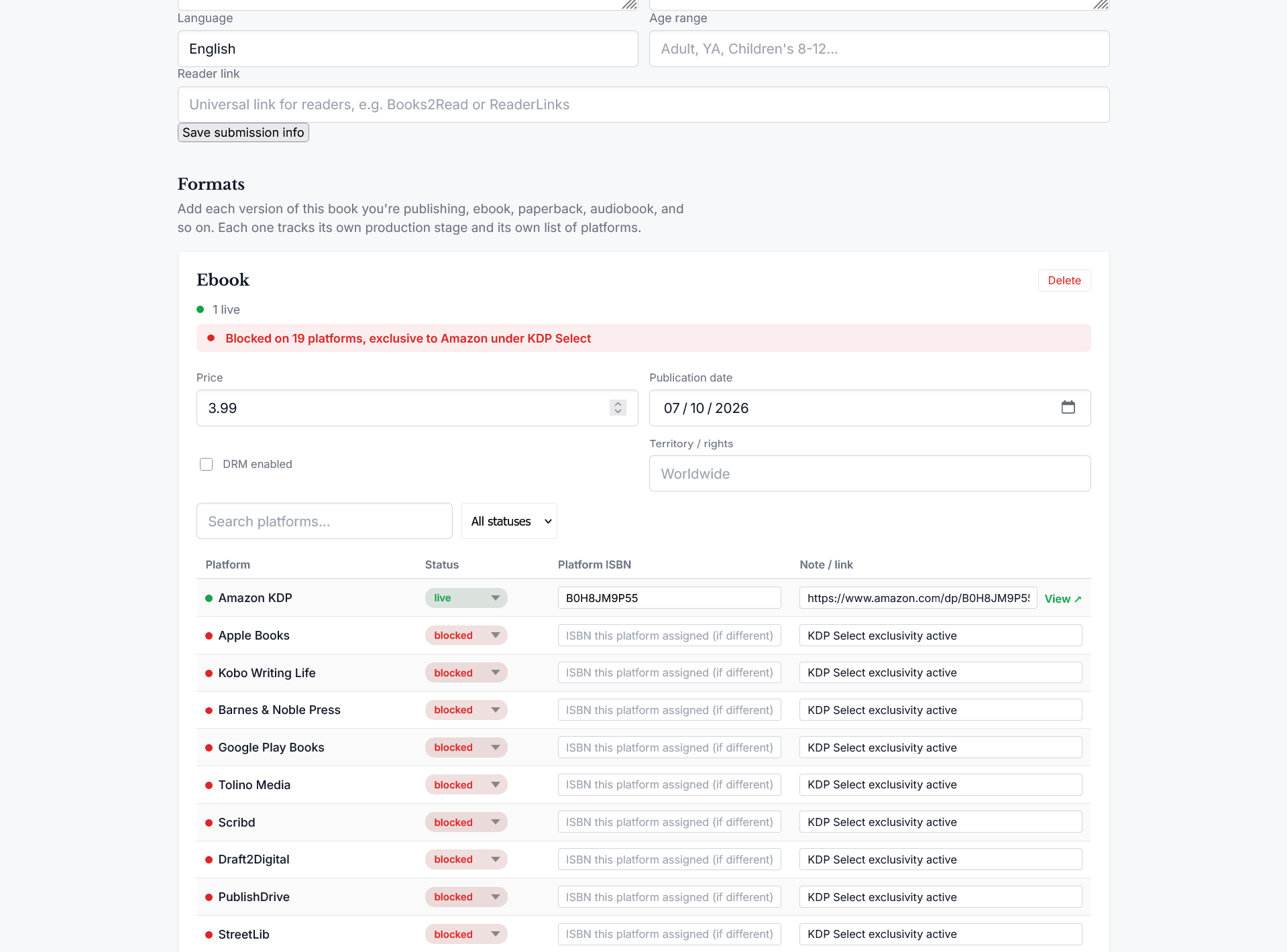 Frontlist format production view showing KDP Select exclusivity blocking and a platform status table