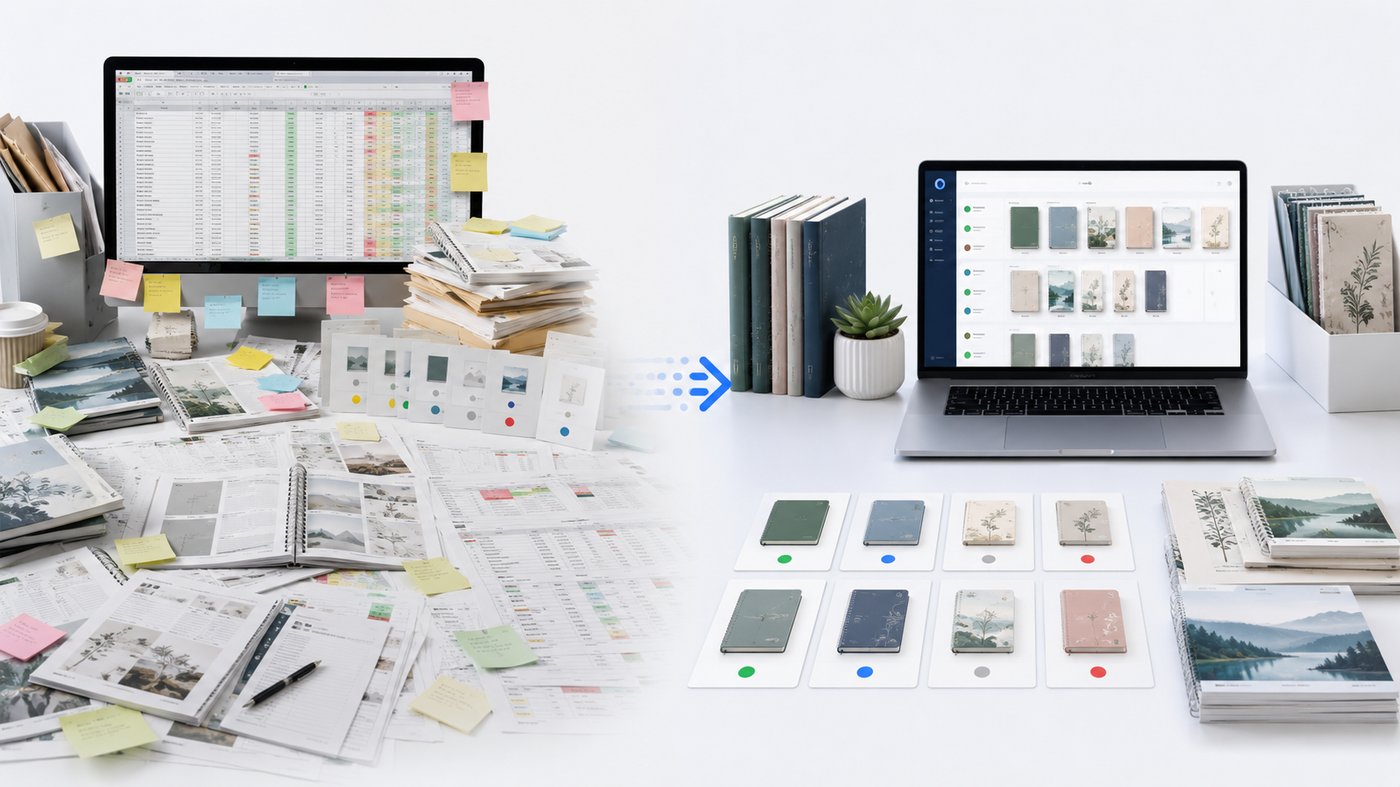 Messy spreadsheet, sticky notes, and scattered files on the left, an organized Frontlist shelf on the right
